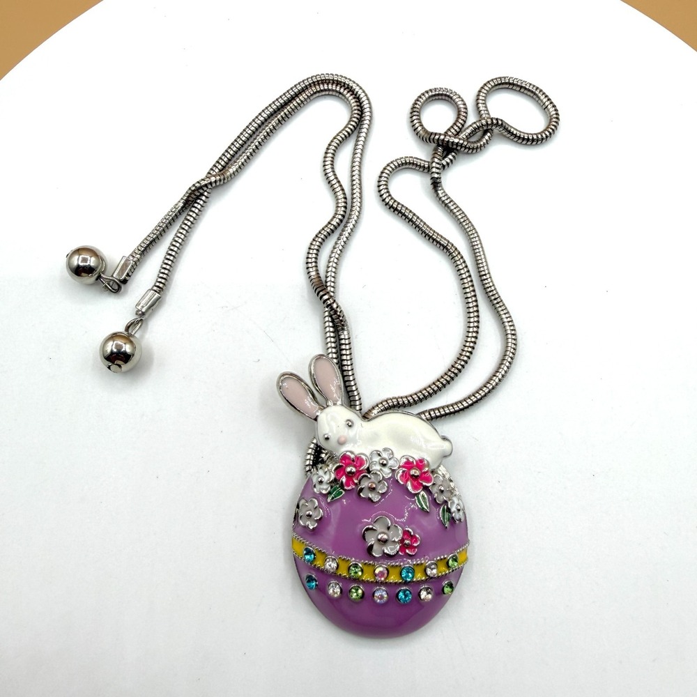 Purple Enamel Easter Bunny Egg Rhinestone Pendant Bolo Necklace Silver Tone